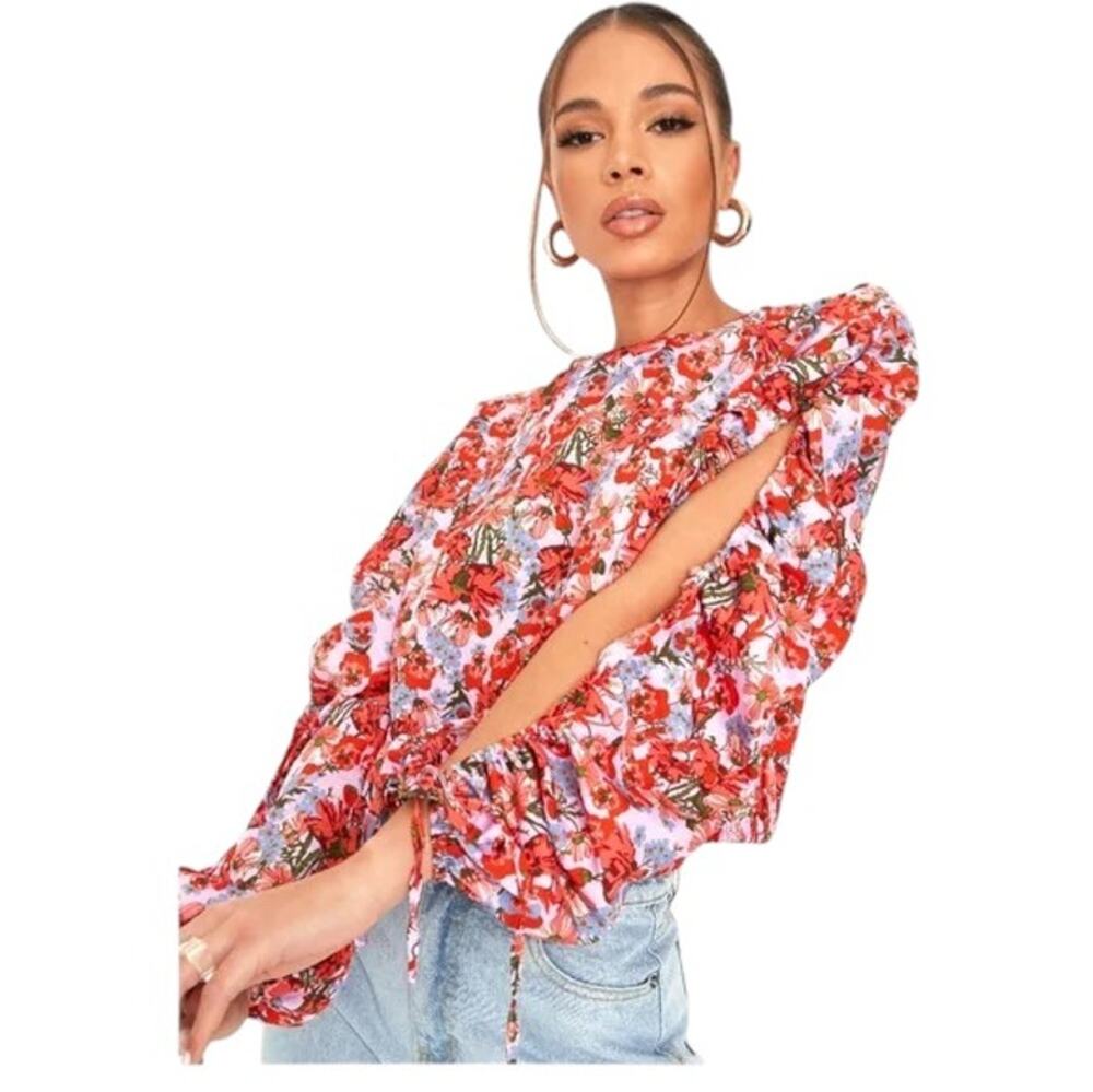 MISSGUIDED Open Balloon Sleeve Purple Floral Blouse Size 4 NWT